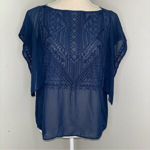 Banana Republic sheer navy blue embroidered flutter sleeve top blouse size Small